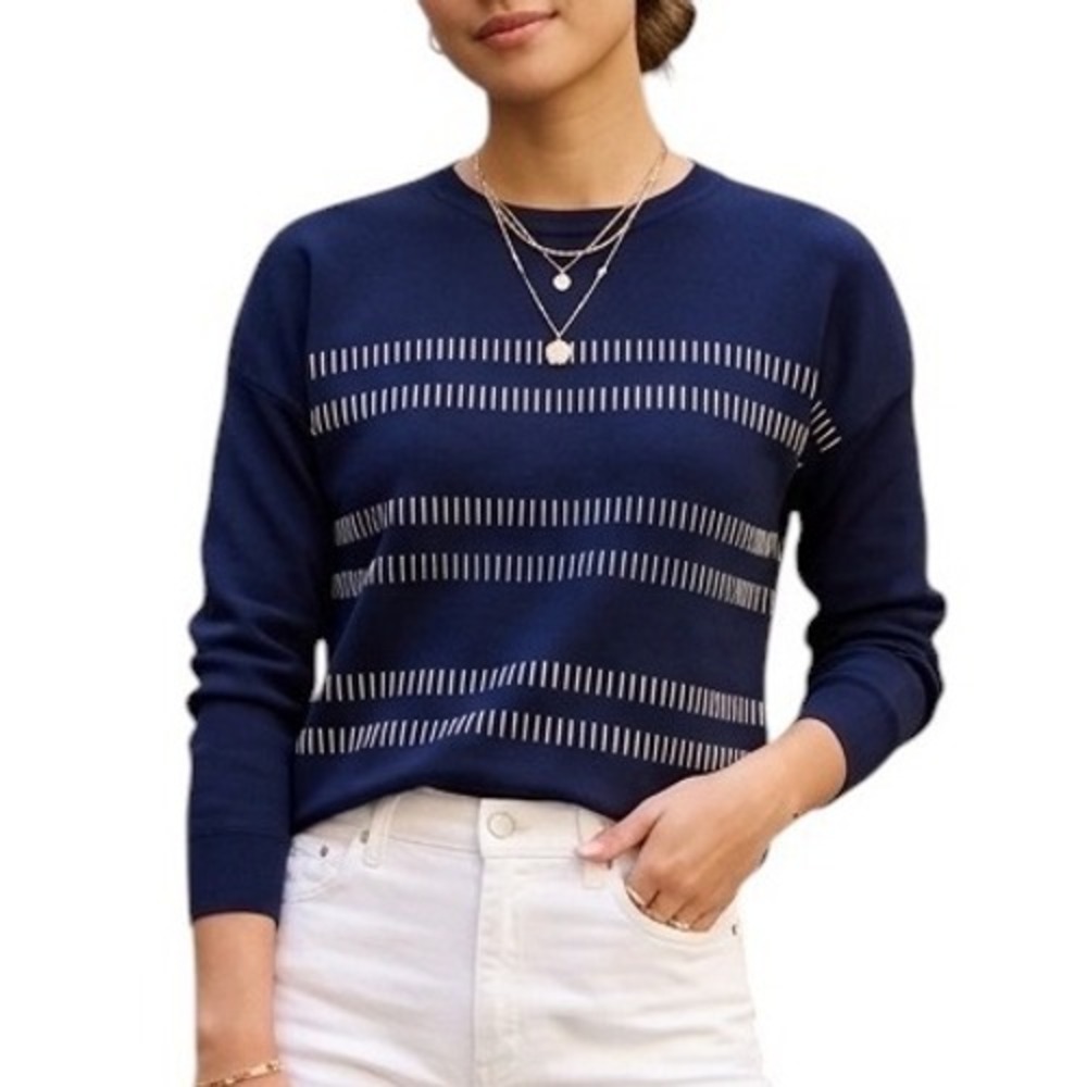 All:row Navy Blue Dashed Stripe Crewneck Viscose Blend Coastal Sweater Womens‎ L